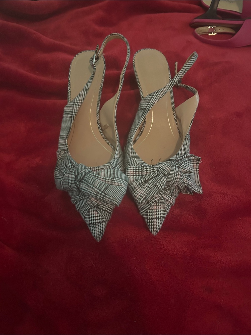 Zara Black and White Plaid Pointed Slingback Heels with Knot